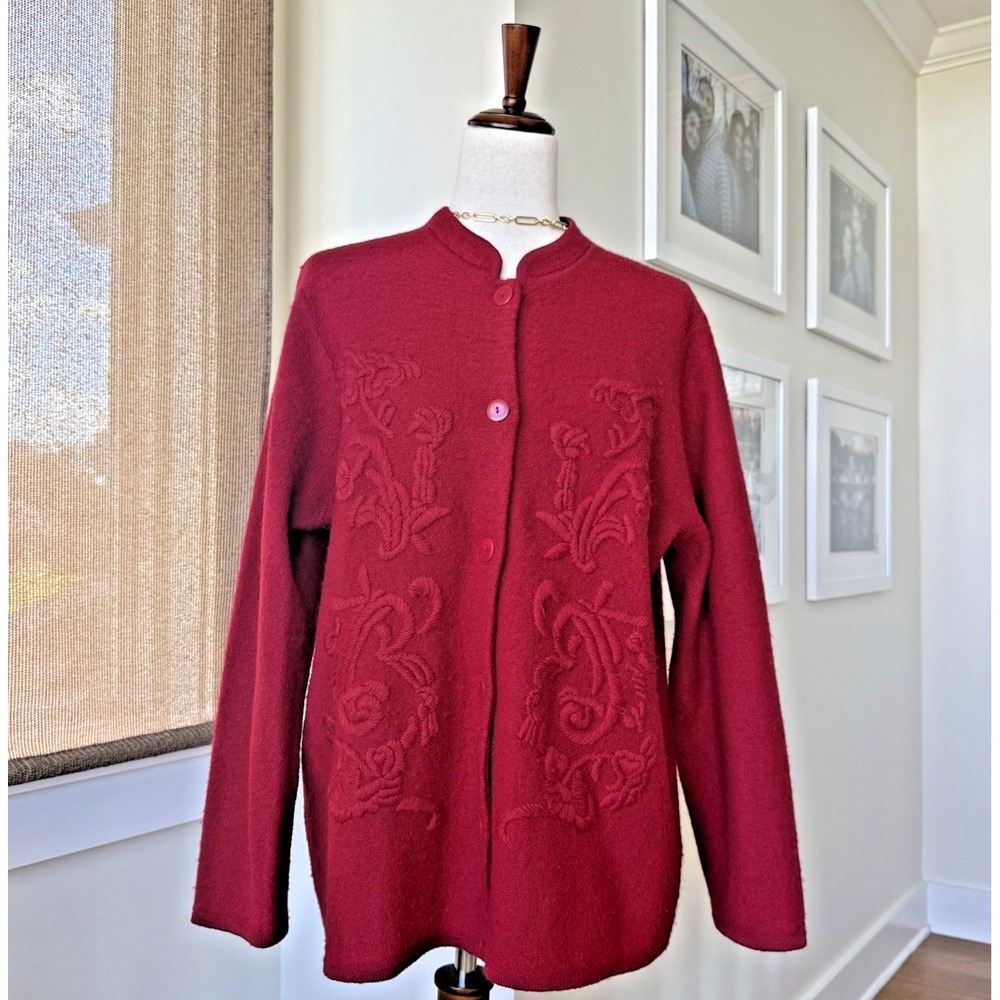 Vintage 100% Wool Cardigan Women's Large Sweater Cranberry Red Applique Floral
